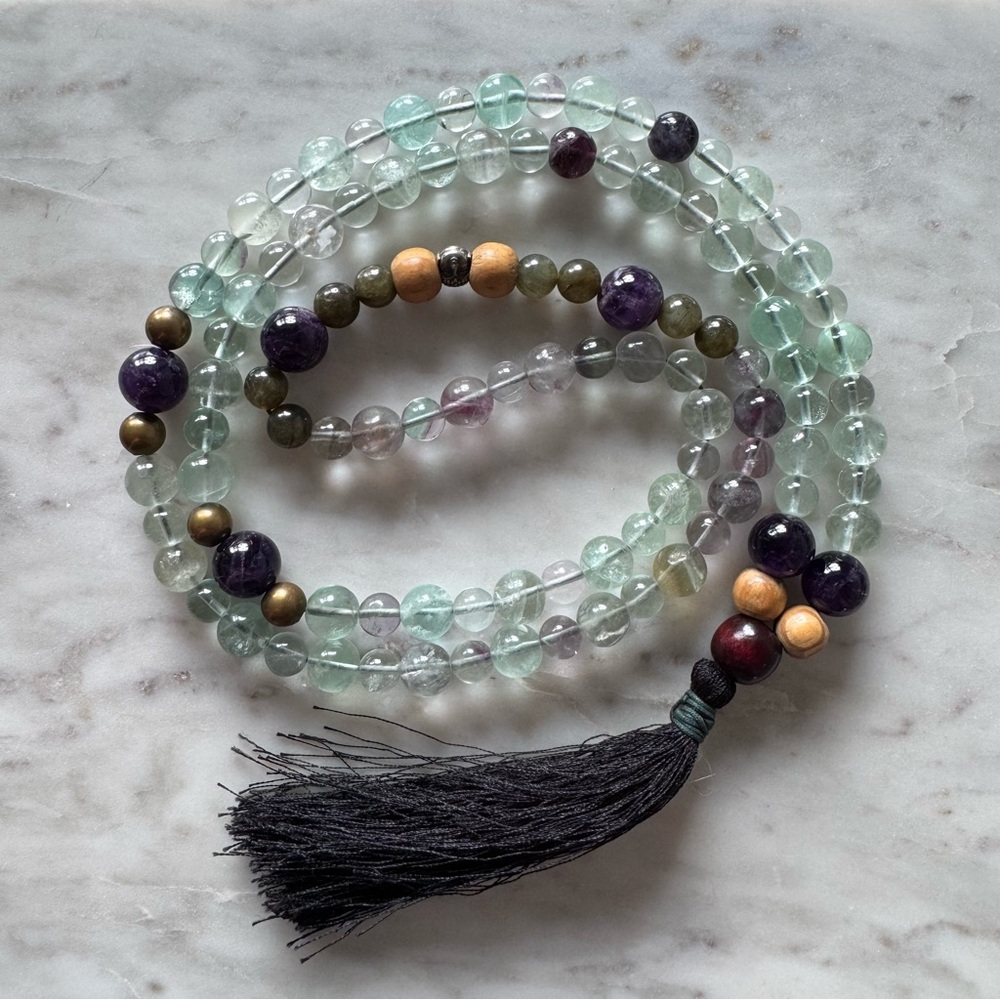 Handcrafted Green Fluorite & Amethyst Beaded Mala Necklace with Black Tassel